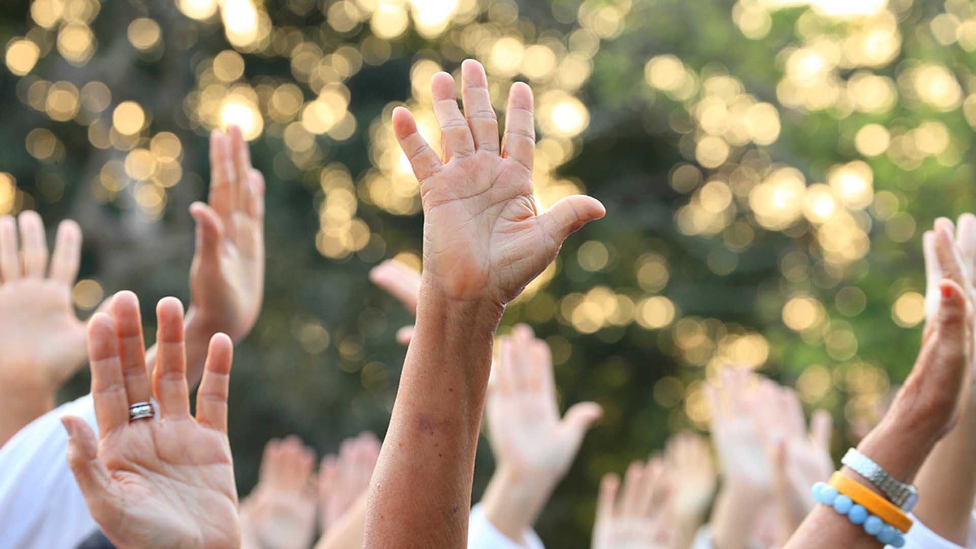 un gruppo di mani alzate in aria