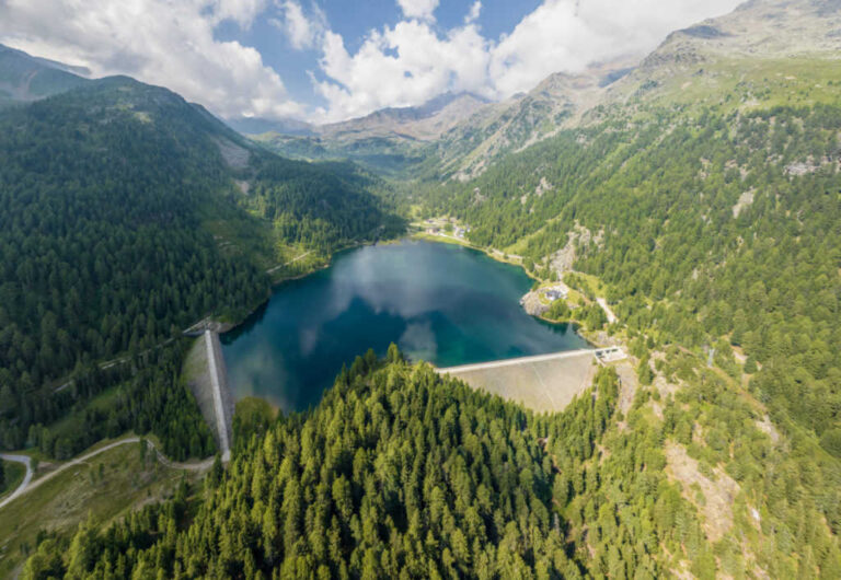 un lago circondato da alberi e montagne