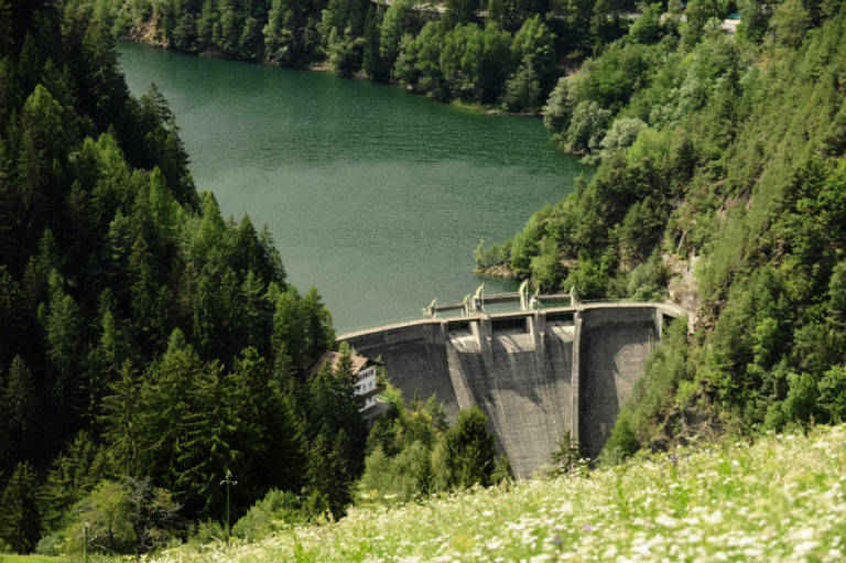 una diga circondata da alberi e un lago